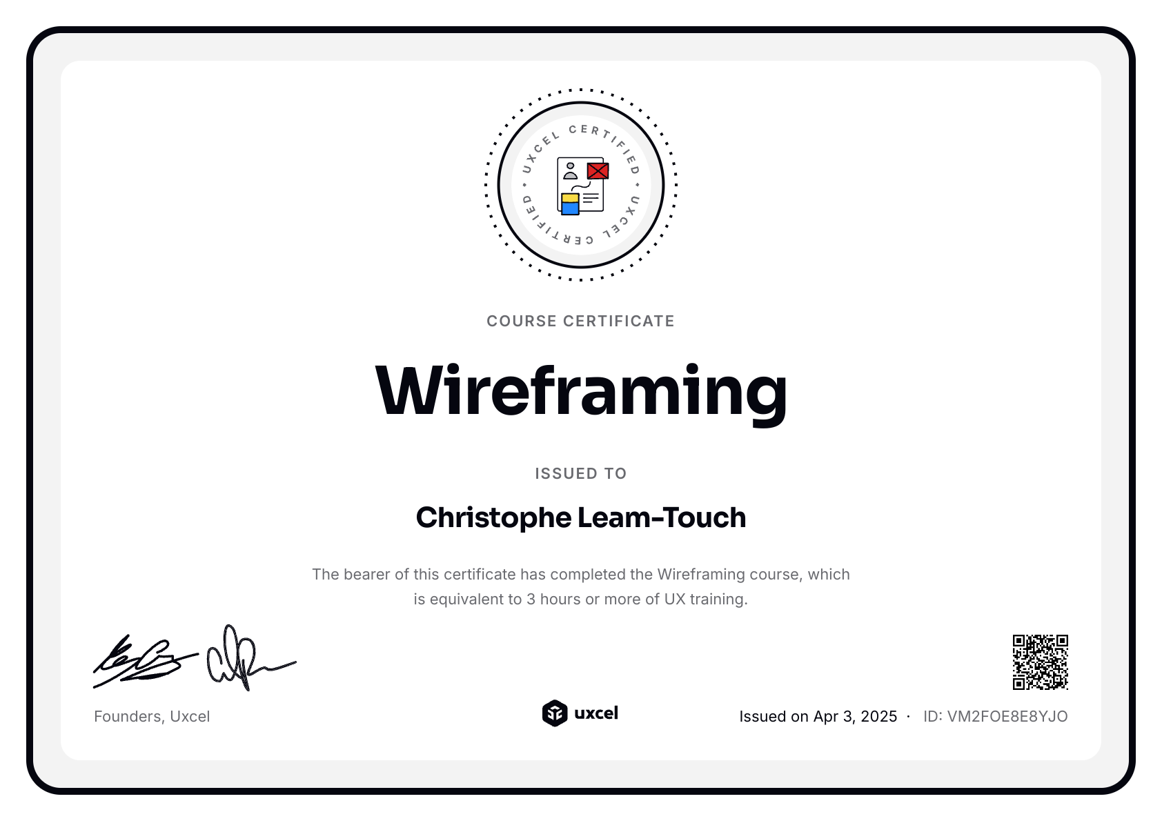 Christophe Leam-Touch's certificate